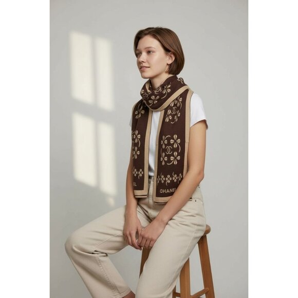 Chanel Brown & Beige Scarf With Four Leaf Clover Pattern - Picture 4 of 9